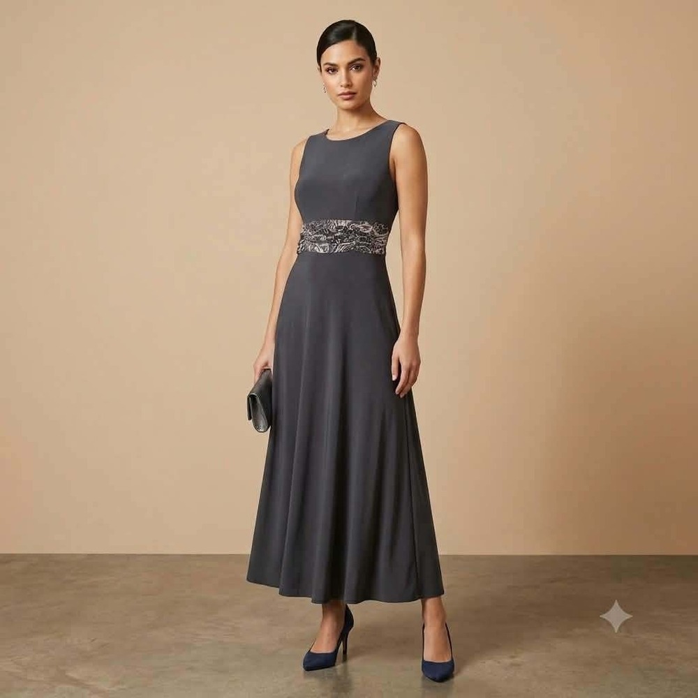 Draper's & Damon's Women's 10 Navy Maxi Dress Ruched Floral Waist Sleeveless